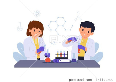 Illustration of Boy and Girl Mixing Solutions for Science Project Illustration of Boy and Girl Mixing Solutions for Science Project 141179800