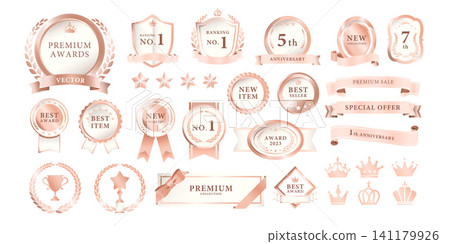 A luxurious gold medal and badge set. Award headline decoration title ornament vector material in pink. A luxurious gold medal and badge set. Award headline decoration title ornament vector material in pink. 141179926