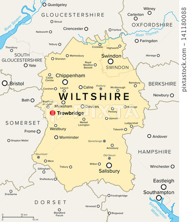 Wiltshire, ceremonial county in South West England, UK, political map, with county town Trowbridge and largest settlements Swindon and Salisbury. Noted for Stonehenge and Avebury stone circles. Vector Wiltshire, ceremonial county in South West England, UK, political map, with county town Trowbridge and largest settlements Swindon and Salisbury. Noted for Stonehenge and Avebury stone circles. Vector 141180088