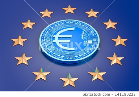 Digital euro coin surrounded by European Union stars. 3D rendering 141180222