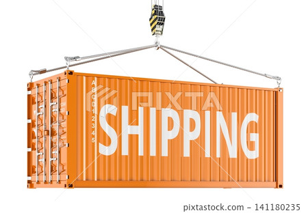 Shipping concept with container lifted by crane for cargo loading and logistics. 3D rendering Shipping concept with container lifted by crane for cargo loading and logistics. 3D rendering 141180235