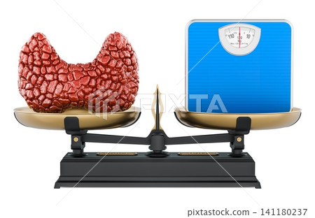 Thyroid gland and bathroom scale balanced on vintage scales. Thyroid hormones, metabolism, weight gain and endocrine health. 3d rendering Thyroid gland and bathroom scale balanced on vintage scales. Thyroid hormones, metabolism, weight gain and endocrine health. 3d rendering 141180237