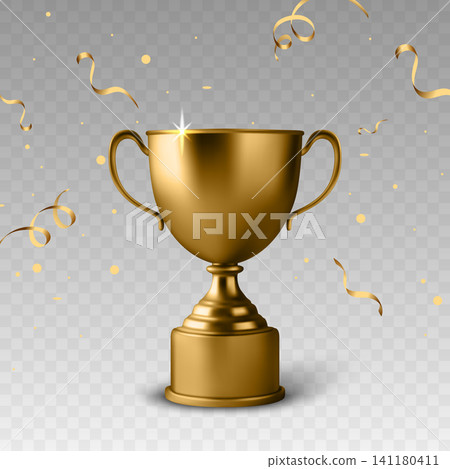 Vector Golden Trophy Cup Award with Confetti. Winner Prize for Championship and Success Celebration. Competition, Ceremony, Achievement Concept 141180411