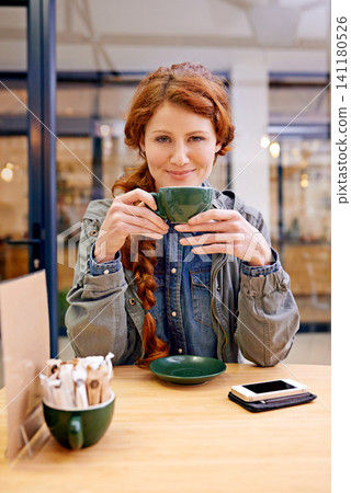 Woman, cup and smile in coffee shop for portrait at breakfast to start morning at table. Girl, person and happy in cafeteria with flavor, aroma and relax in restaurant for catering service in Dublin Woman, cup and smile in coffee shop for portrait at breakfast to start morning at table. Girl, person and happy in cafeteria with flavor, aroma and relax in restaurant for catering service in Dublin 141180526