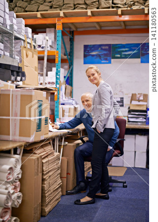 Business people, supervisor and portrait for teamwork in warehouse with inventory, quality control or check list. Mature man, woman or smile for supply chain, logistics career or writing product info Business people, supervisor and portrait for teamwork in warehouse with inventory, quality control or check list. Mature man, woman or smile for supply chain, logistics career or writing product info 141180563