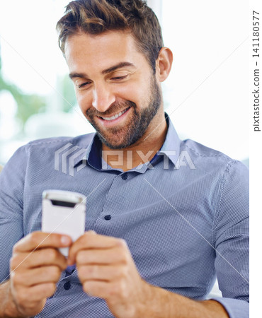 Business man, phone and check an email in home, communication and networking for company. Male person, smile and reading a notification on app for conversation, website and internet for information Business man, phone and check an email in home, communication and networking for company. Male person, smile and reading a notification on app for conversation, website and internet for information 141180577