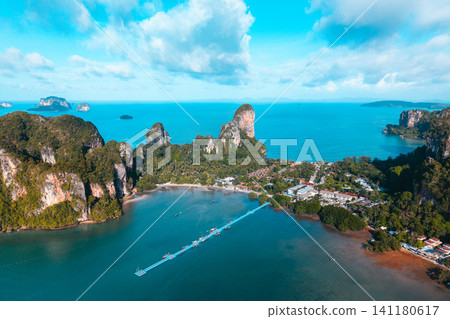 Drone view of Railay East pier and luxury resorts nestled in lim Drone view of Railay East pier and luxury resorts nestled in lim 141180617