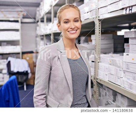 Cargo, stock and business woman face in warehouse for pricing, inventory or ecommerce box order. Logistic, online shopping or retail by female factory manager with shipping product, package or search 141180638