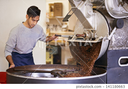 Coffee, beans and man with machine for roasting with blending, production and quality control. Entrepreneur, barista or roaster with small business at cafe, sustainable startup and espresso process Coffee, beans and man with machine for roasting with blending, production and quality control. Entrepreneur, barista or roaster with small business at cafe, sustainable startup and espresso process 141180663
