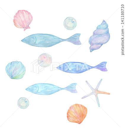 魚類和貝殼的水彩插圖 魚類和貝殼的水彩插圖 141180710