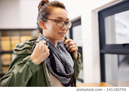 University, college and woman in library on campus for studying, education and learning with books. Scholarship, happy and student with glasses, confidence and ready for school, academy and knowledge 141180748