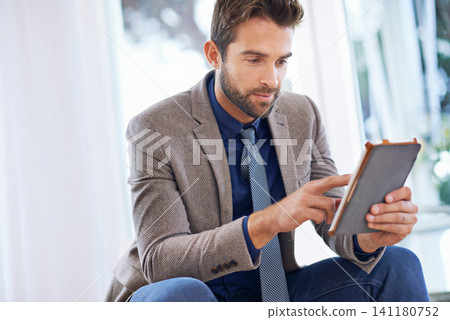 Business man, tablet and digital in office with online calendar, planning app and research for project. Reading, electronic contract and search the internet with browsing, info and agenda with tech Business man, tablet and digital in office with online calendar, planning app and research for project. Reading, electronic contract and search the internet with browsing, info and agenda with tech 141180752
