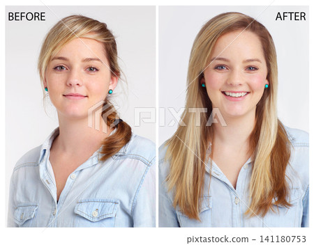 Transformation, woman and happy with portrait for hair care with cosmetics, hairstyle before and after and makeover. Female person and collage for beauty with keratin treatment on white background Transformation, woman and happy with portrait for hair care with cosmetics, hairstyle before and after and makeover. Female person and collage for beauty with keratin treatment on white background 141180753