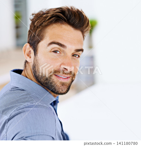 Portrait, smile and happy businessman in house, living room or lounge for relax. Face, confidence and work from home in formal shirt for business owner, professional and startup entrepreneur on break 141180780