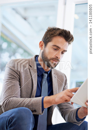 Business man, tablet and online in office with digital calendar, planning app and research for project. Reading, electronic contract and search the internet with browsing, info and agenda with tech 141180805