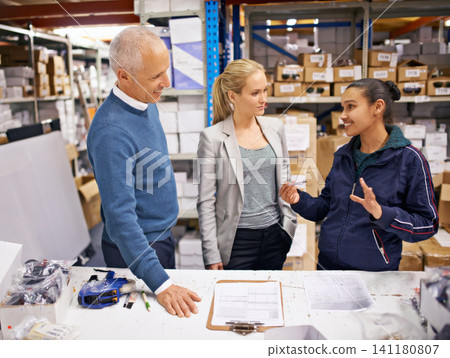 Warehouse, business meeting and people with b2b contract, welcome or onboarding, intro or process. Hiring, recruitment and factory team with employee for job interview, offer and deal negotiation Warehouse, business meeting and people with b2b contract, welcome or onboarding, intro or process. Hiring, recruitment and factory team with employee for job interview, offer and deal negotiation 141180807