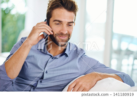 Business man, phone call and speaking in home, communication and app for talking. Male person, smile and planning for project or idea in lounge, information and discussion on career opportunity Business man, phone call and speaking in home, communication and app for talking. Male person, smile and planning for project or idea in lounge, information and discussion on career opportunity 141180919