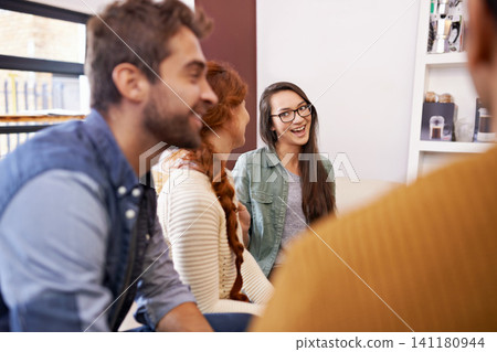 Friends, conversation and smile in cafe for talk, relax or break and together for weekend. Young people, group and happy for social bonding, chatting or gossip for unwind, cheerful and sitting Friends, conversation and smile in cafe for talk, relax or break and together for weekend. Young people, group and happy for social bonding, chatting or gossip for unwind, cheerful and sitting 141180944