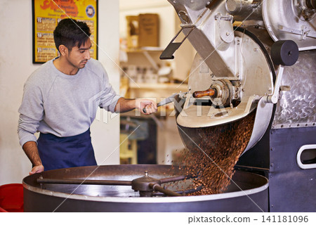 Coffee beans, process and man with machine for roasting with blending, production and quality control. Entrepreneur, barista or espresso roaster at cafe, sustainable startup shop and small business Coffee beans, process and man with machine for roasting with blending, production and quality control. Entrepreneur, barista or espresso roaster at cafe, sustainable startup shop and small business 141181096