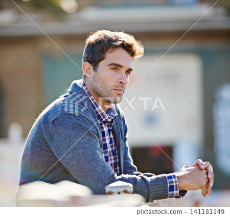 Thinking, question and serious man for inspiration, remember and daydreaming in city. Morning, thoughts and male person in winter clothing for trendy style, perspective and relax in urban town Thinking, question and serious man for inspiration, remember and daydreaming in city. Morning, thoughts and male person in winter clothing for trendy style, perspective and relax in urban town 141181149