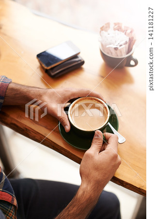 Man, hands and coffee with breakfast for drink, caffeine or morning beverage at indoor restaurant. Closeup of male person with mug or cup of latte, cappuccino or espresso on desk or table at cafe Man, hands and coffee with breakfast for drink, caffeine or morning beverage at indoor restaurant. Closeup of male person with mug or cup of latte, cappuccino or espresso on desk or table at cafe 141181227