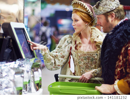 Technology, surprise and king with queen, supermarket or crown with royal couple or shocked. Digital payment, man or woman with self checkout in store or reaction for price or inflation with increase Technology, surprise and king with queen, supermarket or crown with royal couple or shocked. Digital payment, man or woman with self checkout in store or reaction for price or inflation with increase 141181232