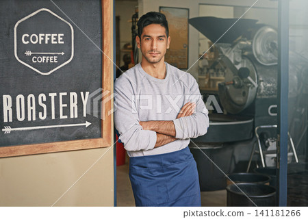 Barista, coffee shop and man with arms crossed in portrait for small business, owner with confidence and service. Entrepreneur, cafe and drinks with hospitality, professional and server in industry Barista, coffee shop and man with arms crossed in portrait for small business, owner with confidence and service. Entrepreneur, cafe and drinks with hospitality, professional and server in industry 141181266