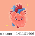 Cute Healthy Heart Cartoon with Happy Face and Normal Heartbeat 141181406