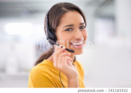 African woman, smile and headset in portrait talking and helping customer in call center. Professional consultant, connect and communicate on landline support, advise and answer questions for client African woman, smile and headset in portrait talking and helping customer in call center. Professional consultant, connect and communicate on landline support, advise and answer questions for client 141181432