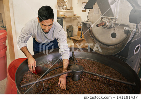 Coffee, cafe and man with machine for roasting with blending, production and quality control. Entrepreneur, barista or person with beans at small business, sustainable startup and espresso process Coffee, cafe and man with machine for roasting with blending, production and quality control. Entrepreneur, barista or person with beans at small business, sustainable startup and espresso process 141181437