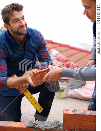 Construction, bricklayer and men build with brick, handyman or contractor with trade, mentor and apprentice in industry. Teamwork, builder and cement with tools, maintenance renovation for training Construction, bricklayer and men build with brick, handyman or contractor with trade, mentor and apprentice in industry. Teamwork, builder and cement with tools, maintenance renovation for training 141181513