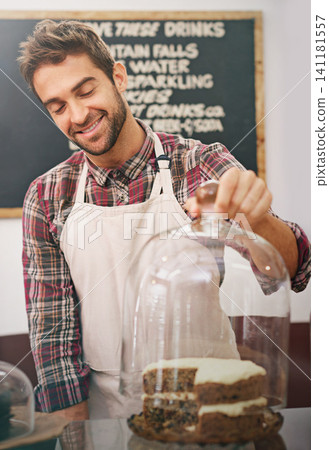 Man, waiter and cake on counter in coffee shop for display, service and catering with smile in morning. Person, barista or business owner in cafe, bakery or diner with pride, ideas and snack in Italy Man, waiter and cake on counter in coffee shop for display, service and catering with smile in morning. Person, barista or business owner in cafe, bakery or diner with pride, ideas and snack in Italy 141181557
