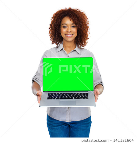 Green screen, laptop or portrait of happy woman in studio with social media mockup on white background. Computer, space or of female student face with online, sign up or learning, registration or app 141181604