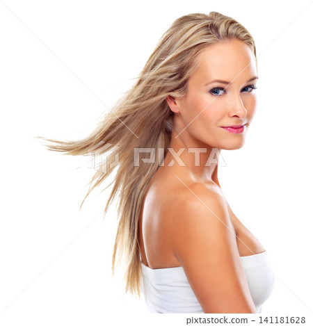 Hair, beauty and portrait of happy female person, haircare salon and cosmetology on white background. Smile, spa and studio for confident woman model, wellness or makeup for dermatology or cosmetics Hair, beauty and portrait of happy female person, haircare salon and cosmetology on white background. Smile, spa and studio for confident woman model, wellness or makeup for dermatology or cosmetics 141181628