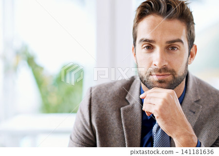 Businessman, portrait and closeup for professional career in office and happy with ambition in workplace. Hr consultant, positive and face for job satisfaction as recruiter and planning in company 141181636