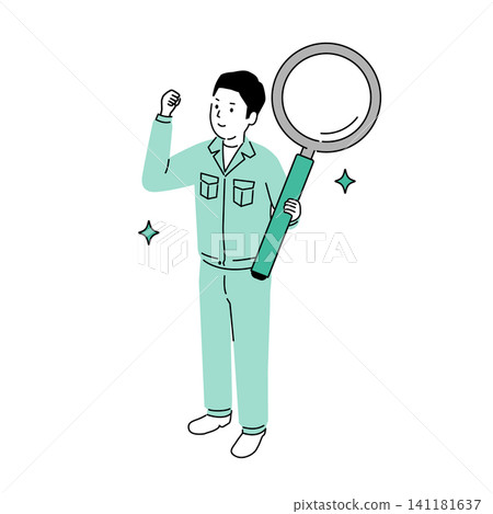 An illustration of a male worker inspecting equipment with a large magnifying glass, depicting equipment maintenance and quality inspection. An illustration of a male worker inspecting equipment with a large magnifying glass, depicting equipment maintenance and quality inspection. 141181637