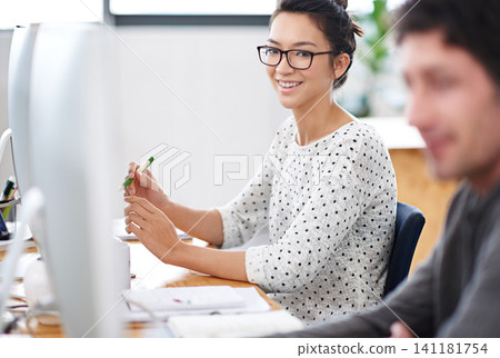 Business woman, planning and teamwork in workspace by computer for creative project or copywriting career. Portrait of a young worker or employees working and happy for job at online startup company Business woman, planning and teamwork in workspace by computer for creative project or copywriting career. Portrait of a young worker or employees working and happy for job at online startup company 141181754
