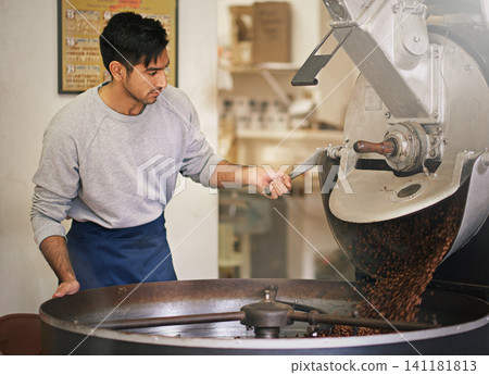 Coffee beans, small business and man with machine for roasting with blending, production and quality control. Entrepreneur, barista or roaster at cafe, sustainable startup shop and espresso process Coffee beans, small business and man with machine for roasting with blending, production and quality control. Entrepreneur, barista or roaster at cafe, sustainable startup shop and espresso process 141181813