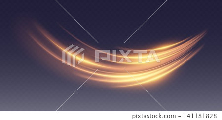 Abstract golden light trails are sweeping across a dark background, illustrating speed and energy 141181828