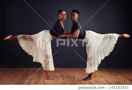 Ballet, studio and portrait of black people for dance routine, balance and performance. Contemporary, dancing and ballerina women for elegant art, movement and collaboration with dark background Ballet, studio and portrait of black people for dance routine, balance and performance. Contemporary, dancing and ballerina women for elegant art, movement and collaboration with dark background 141181831