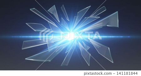 Glass shards flying out from an intense bright blue light source, symbolizing impact or explosion 141181844