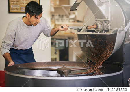 Coffee shop, small business and man at machine for roasting with blending, production or quality control. Entrepreneur, barista or roaster with beans at cafe, sustainable startup and espresso process Coffee shop, small business and man at machine for roasting with blending, production or quality control. Entrepreneur, barista or roaster with beans at cafe, sustainable startup and espresso process 141181850