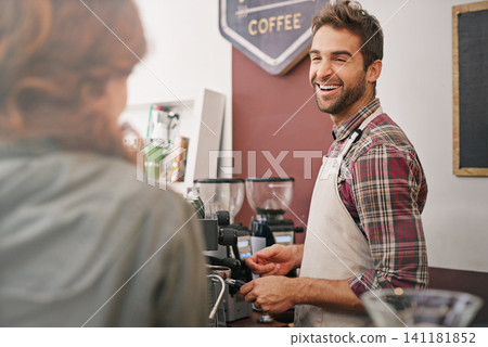 Happy man, waiter and woman in coffee shop at counter with machine for order, service and catering. Barista, client or person in cafe for drink, tea or espresso with smile, chat or helping in Italy 141181852