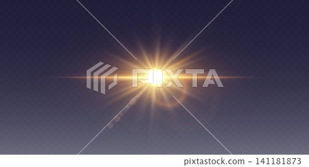 Golden sunburst radiating light beams with dynamic horizontal optical lens flare 141181873