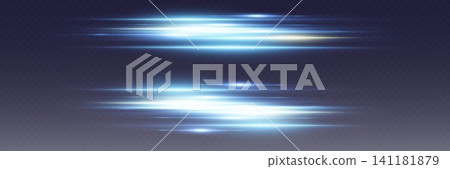 Dynamic blue horizontal light trails creating speed motion on dark background Dynamic blue horizontal light trails creating speed motion on dark background 141181879