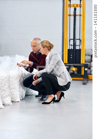 Factory, raw materials or stock inspection by professional as distribution or storage for processing. Business people, communication or diversity in warehouse or quality assurance for manufacturing Factory, raw materials or stock inspection by professional as distribution or storage for processing. Business people, communication or diversity in warehouse or quality assurance for manufacturing 141181880