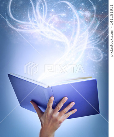 Hand, person and magic with book, fantasy and sparkle with education on a blue studio background. Model, closeup and reader with literature and knowledge with learning and creativity with glitter Hand, person and magic with book, fantasy and sparkle with education on a blue studio background. Model, closeup and reader with literature and knowledge with learning and creativity with glitter 141181911