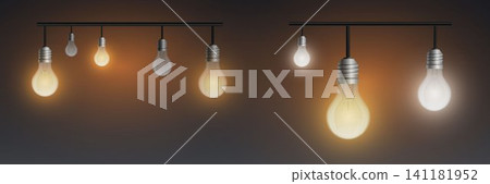Hanging light bulbs illuminating with warm and cool light, symbolizing various options Hanging light bulbs illuminating with warm and cool light, symbolizing various options 141181952