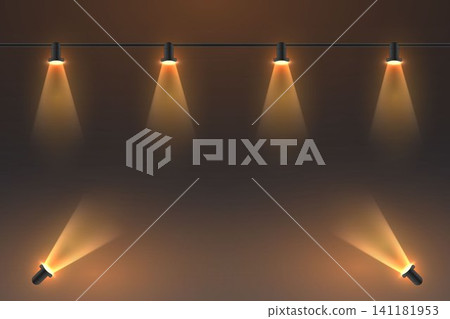 Six track spotlights casting warm light on a dramatic empty background Six track spotlights casting warm light on a dramatic empty background 141181953