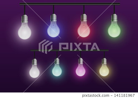 Hanging light bulbs illuminating with different colors, creating a vibrant display of ideas Hanging light bulbs illuminating with different colors, creating a vibrant display of ideas 141181967